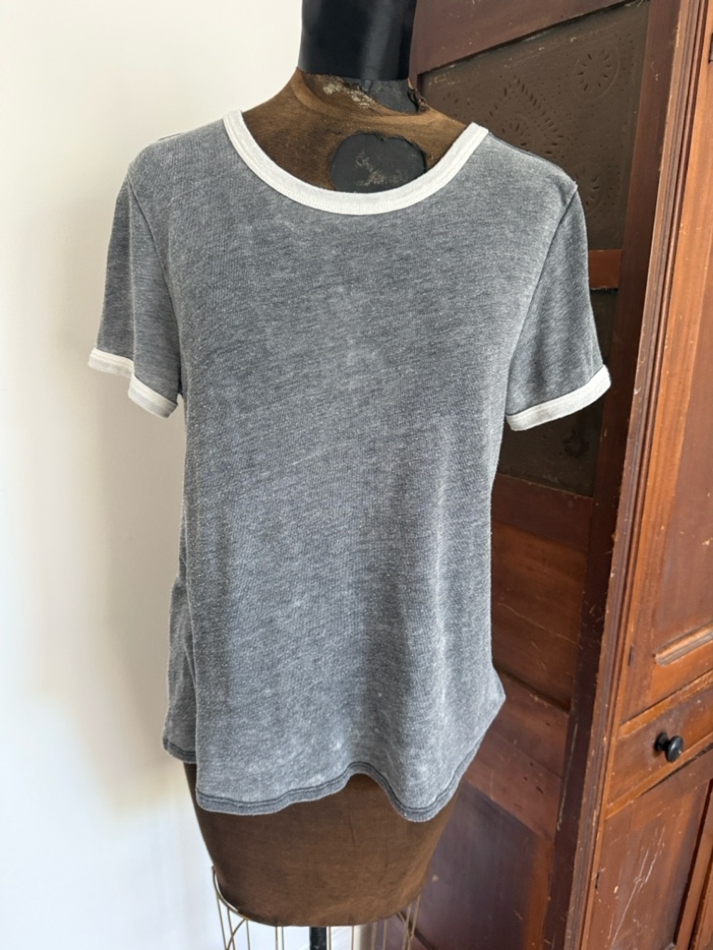 American Eagle Outfitters Vintage Aged Style Gray and White Ringer T